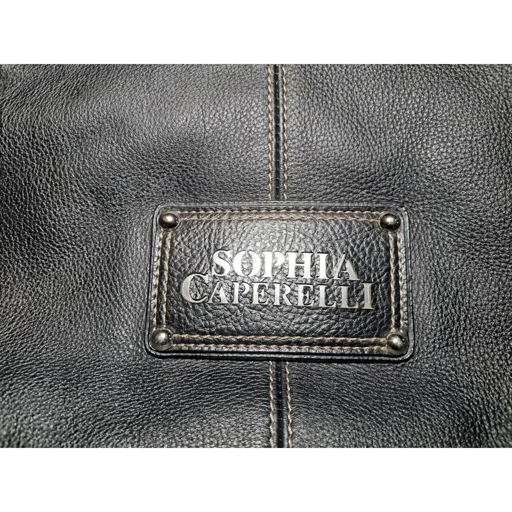Sophia Caperelli Black Genuine Leather Purse Handbag Tote Stitching Pockets
